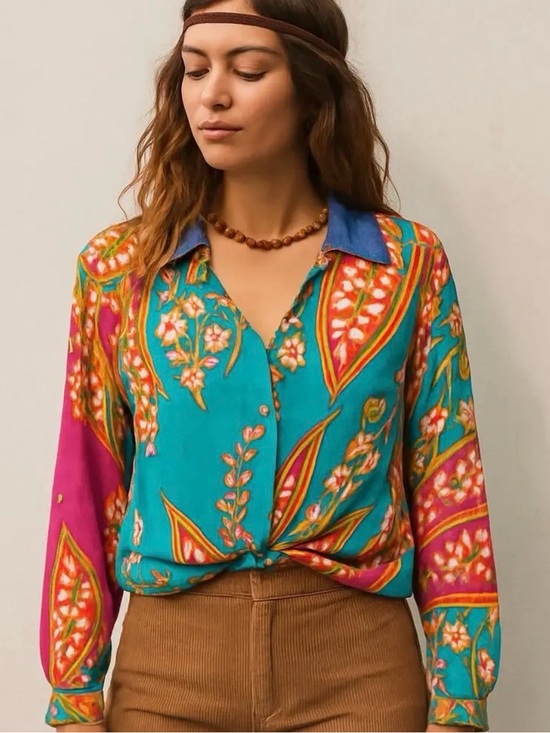Haute Hippie Tops - Haute Hippie Turquoise Floral Surplice Blouse with Pink Accents